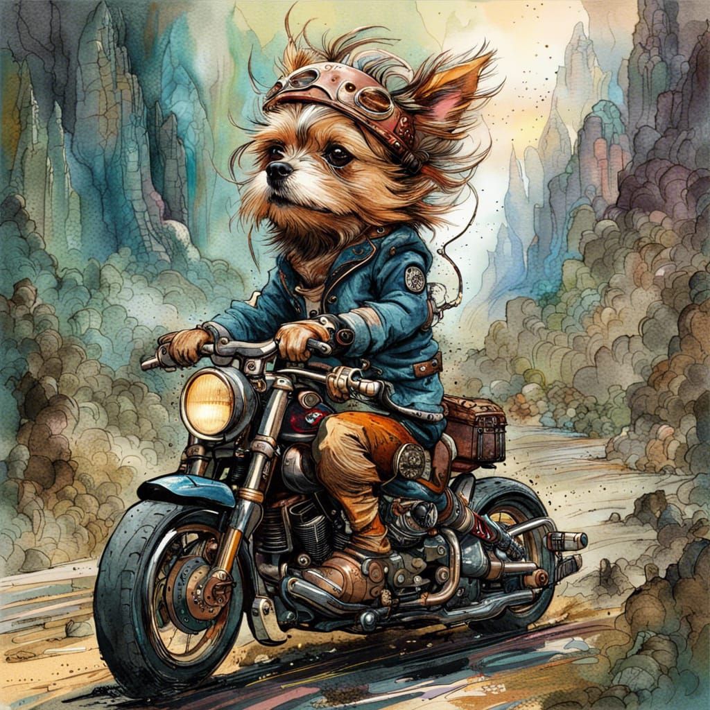 Yorkshire Terrier Steampunk Biker in the Rocky Mountains