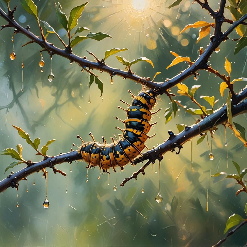 Caterpillar on Web in Impressionist Sunlight