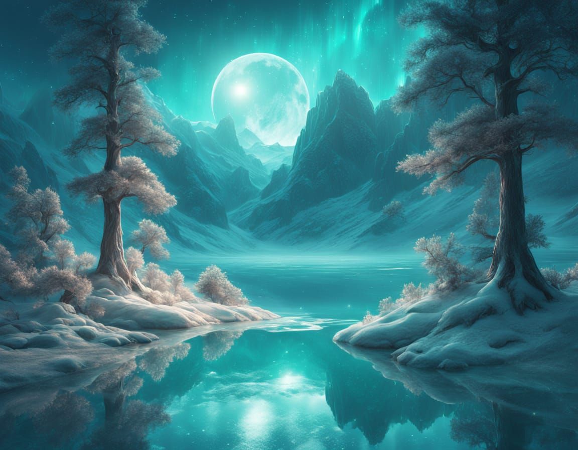 Magical Winter Night Landscape Under Cosmic Sky