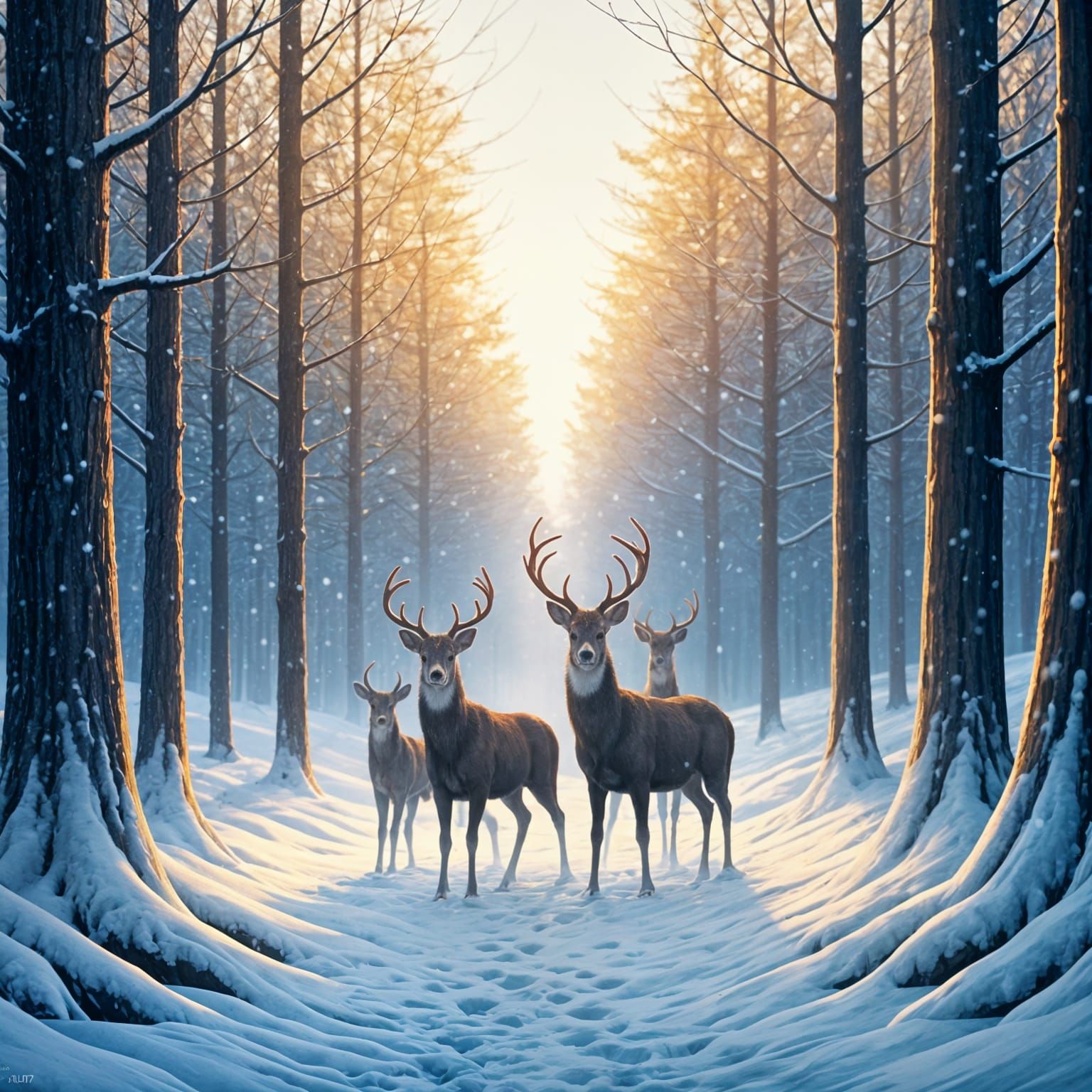 Serene Winter Deer Herd in Snowy Forest Landscape