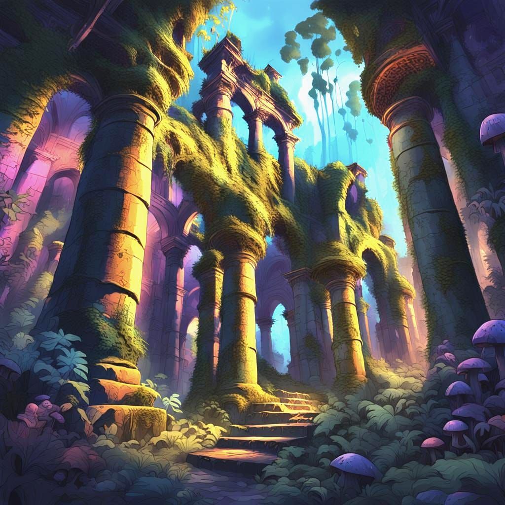 Jungle Cathedral Ruin in Graffiti Art Style