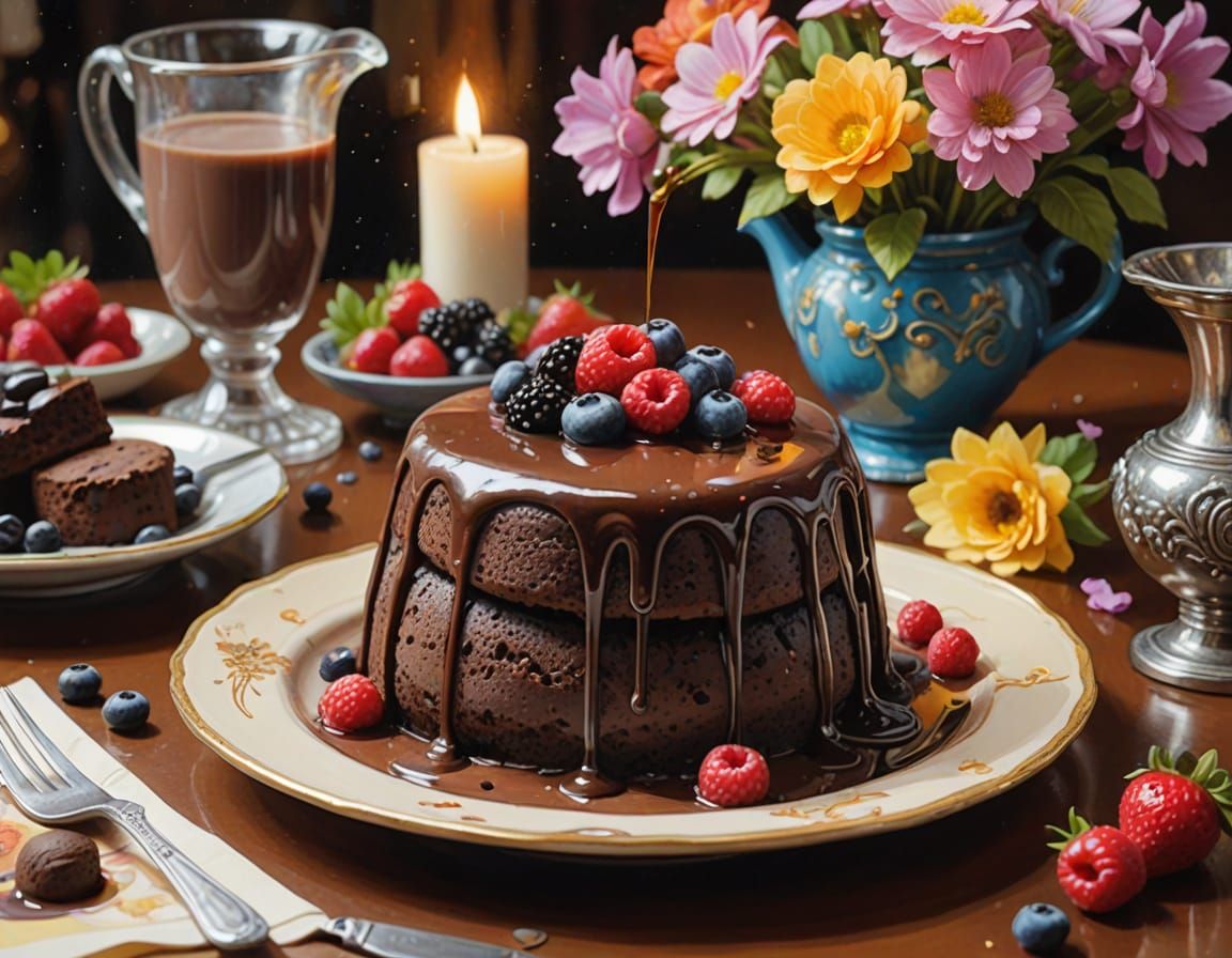 Chocolate Fountain Lava Cake, Alphonse Mucha Style