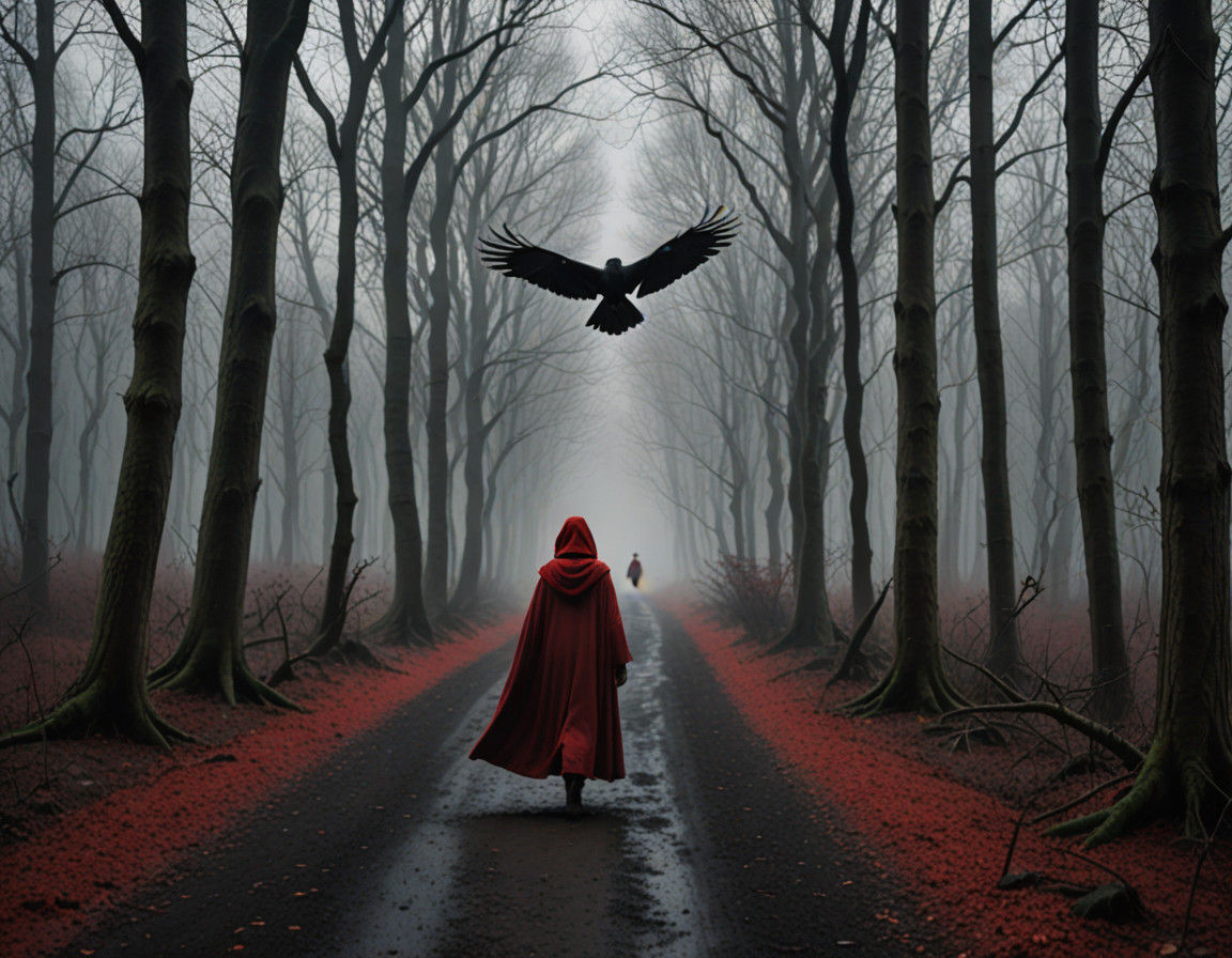 Mysterious Woman in Red Cloak Walks Through Dark Forest