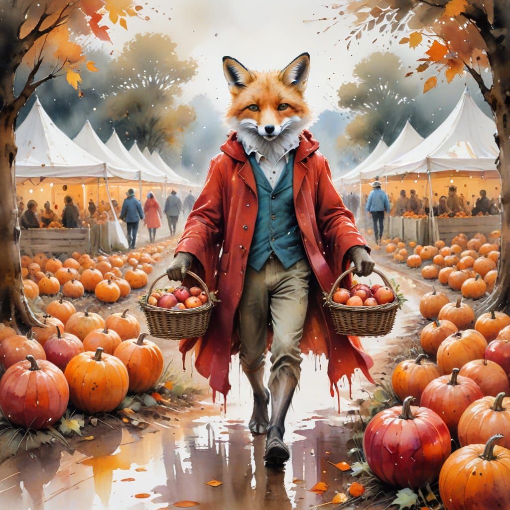 Whimsical Fox with Apples in Pumpkin Patch