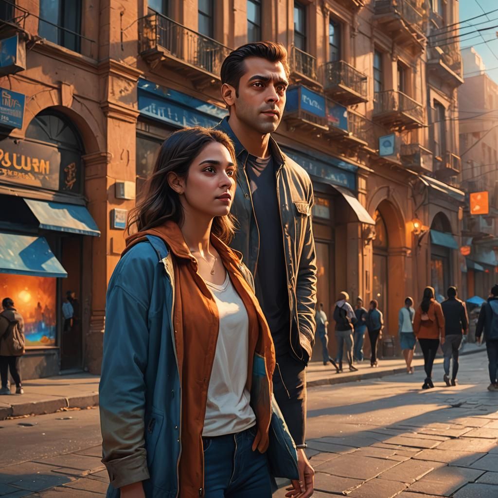 Sidewalk Encounter in Vibrant Fantasy Art Style