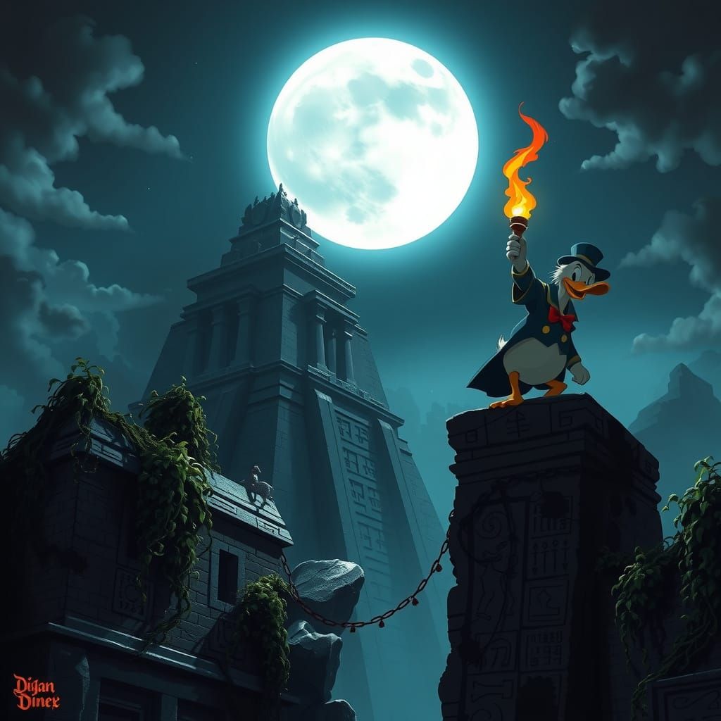 Dramatic Scrooge McDuck Silhouette on Ancient Temple