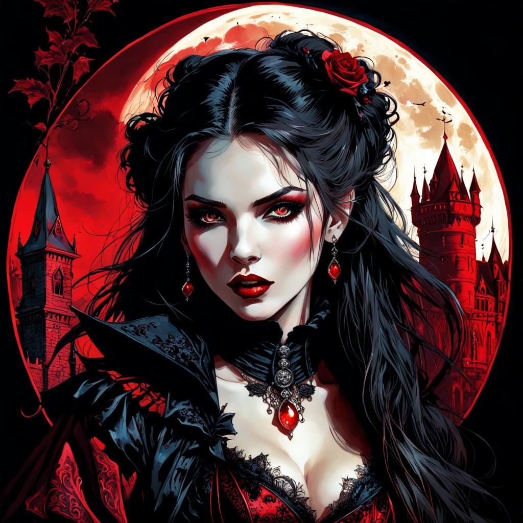 Vampire Woman in Victorian Goth Fashion, Anime Style