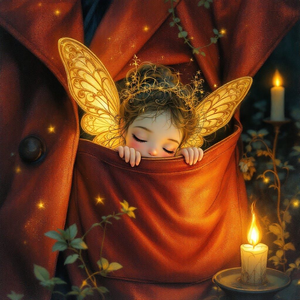 Golden Fairy Peeks from Painter's Smock in Whimsical Ambianc...