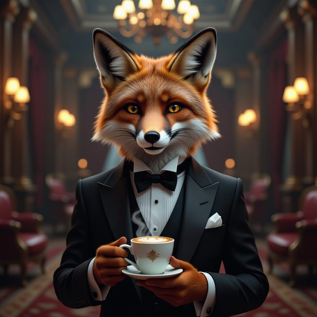 Anthropomorphic Fox in Tuxedo with Cappuccino, Film Noir Sty...