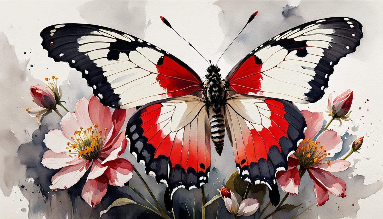 Monte Zuma's Cattle Heart butterfly sits on a flower, white-...