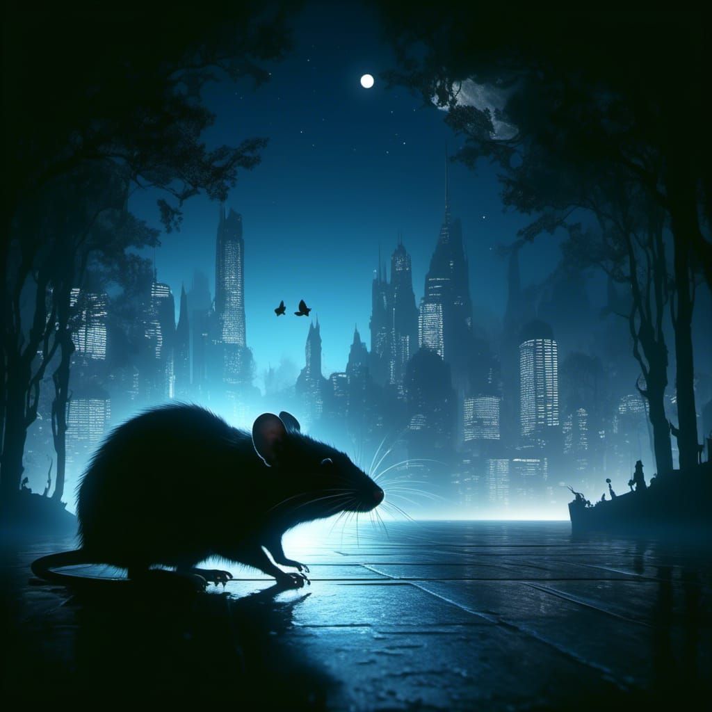 Dark Rat Silhouette in Modern Urban Cityscape