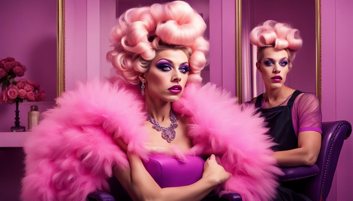 Blonde Drag Queen in Salon with Pink Curlers