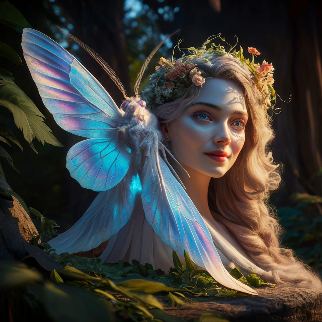 Luminescent Moth Woman in Lush Forest: 3D Render