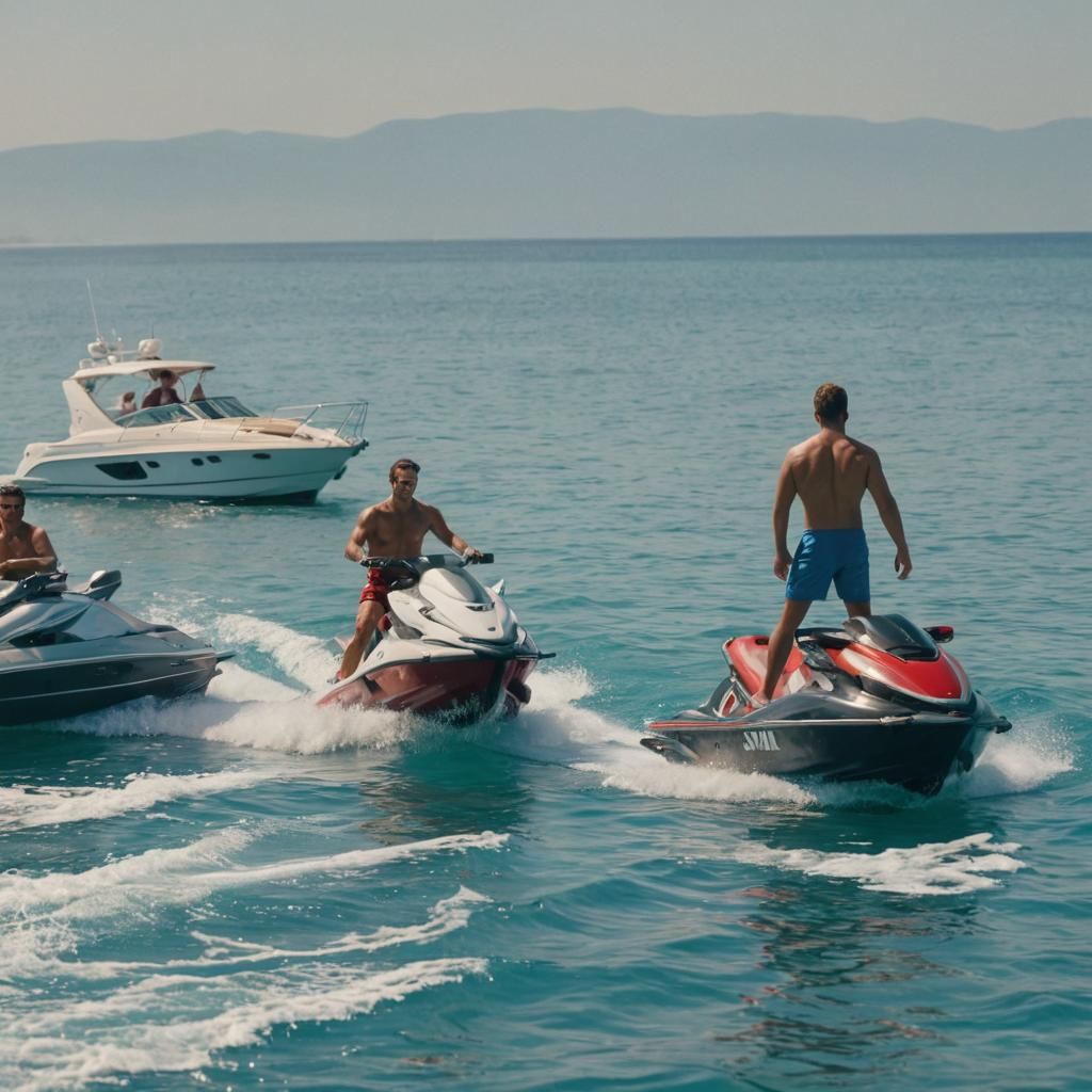 Man on Jet Ski in Golden Light: Cinematic Film Still