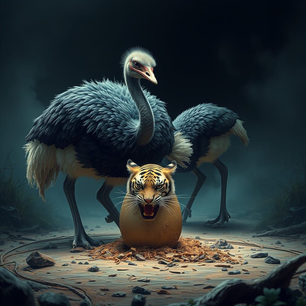 Ostriches Defend Egg from Ferocious Tiger in Vibrant Fantasy...