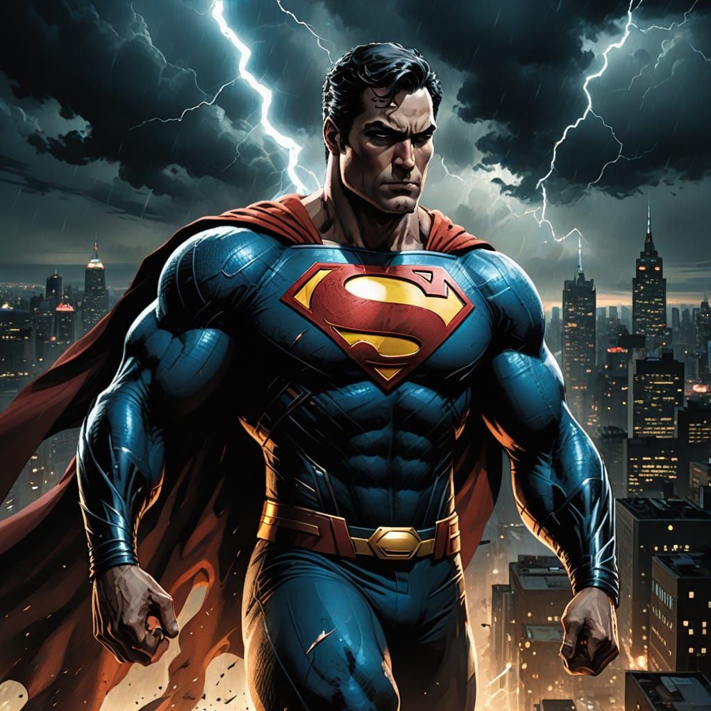 Superman's Iconic Shield Radiates Power in a Stormy Metropol...