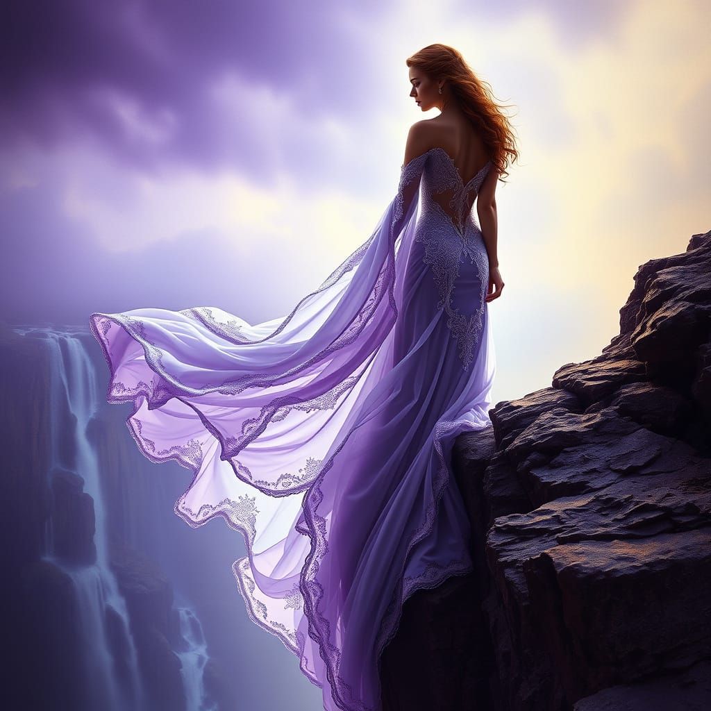 An elegant woman stands on a cliff edge. Her dress, flowing and graceful, becomes liquid as it cascades down like a wate...
