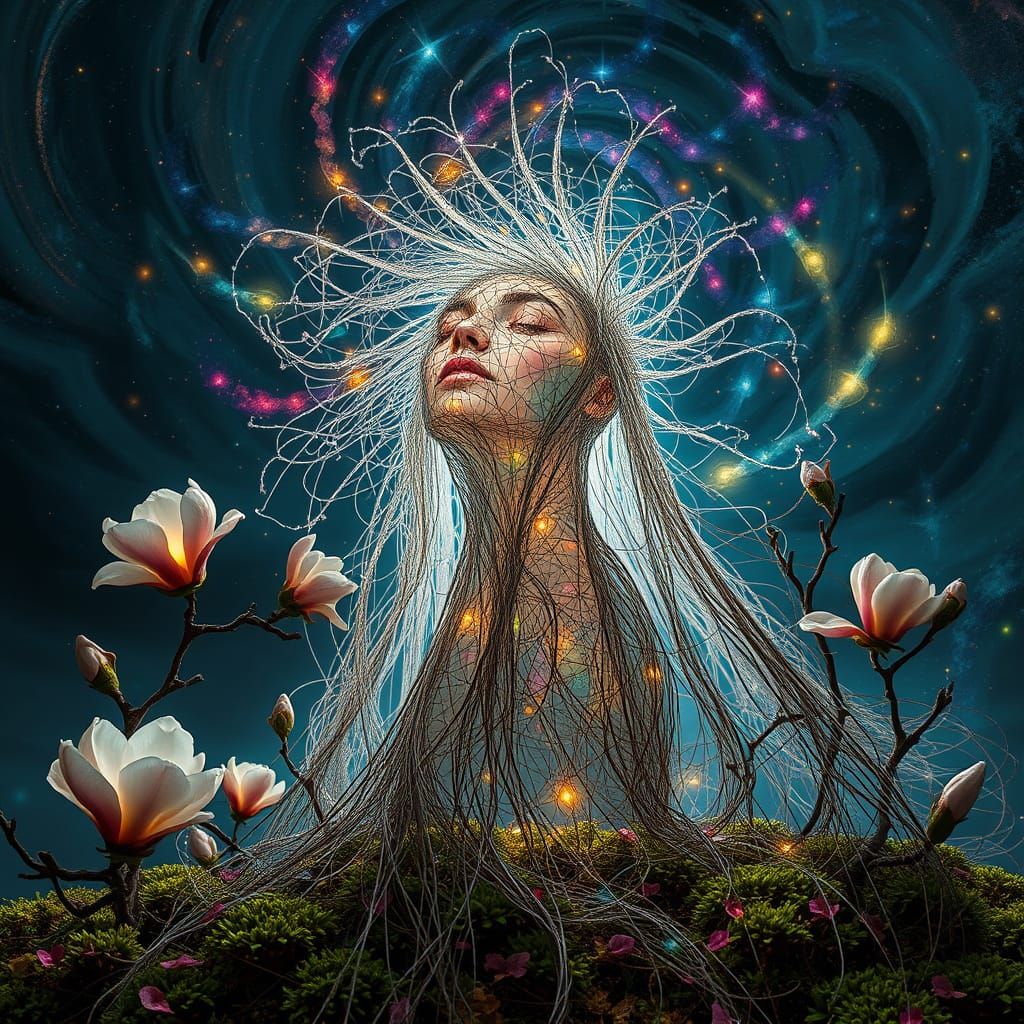 Ephemeral Eco-Art Portrait: Woman of Strings and Flowers