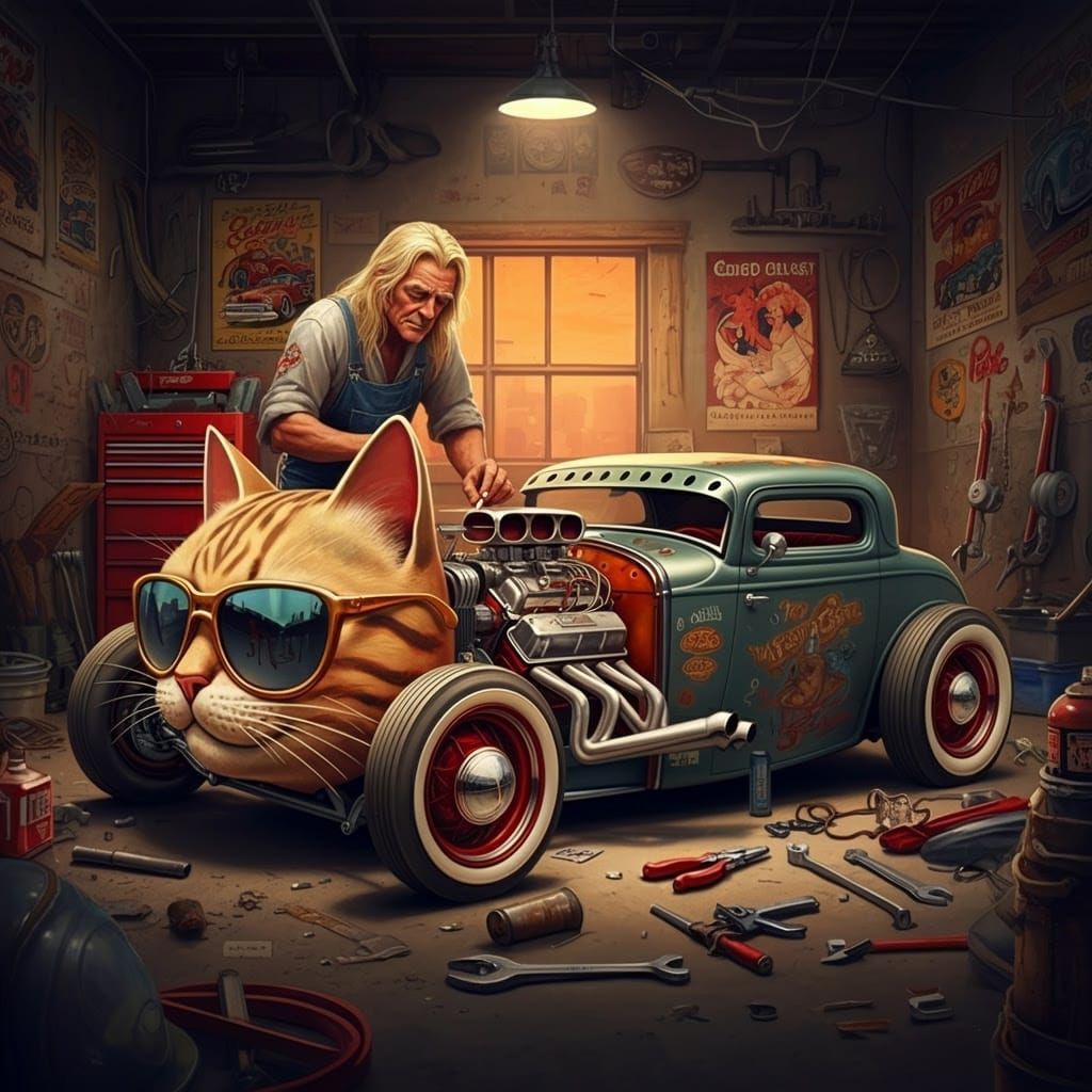 Vintage Catmobile Customization in a Retro Garage