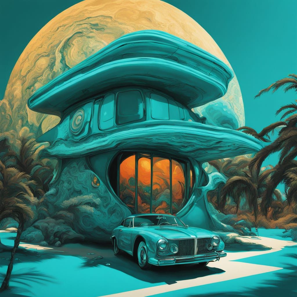 Afrofuturistic House with Turquoise Decorations in Impasto S...