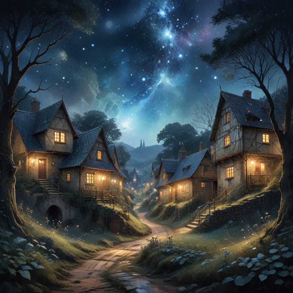 Surreal Village Scene in Intricate Cosmic Style
