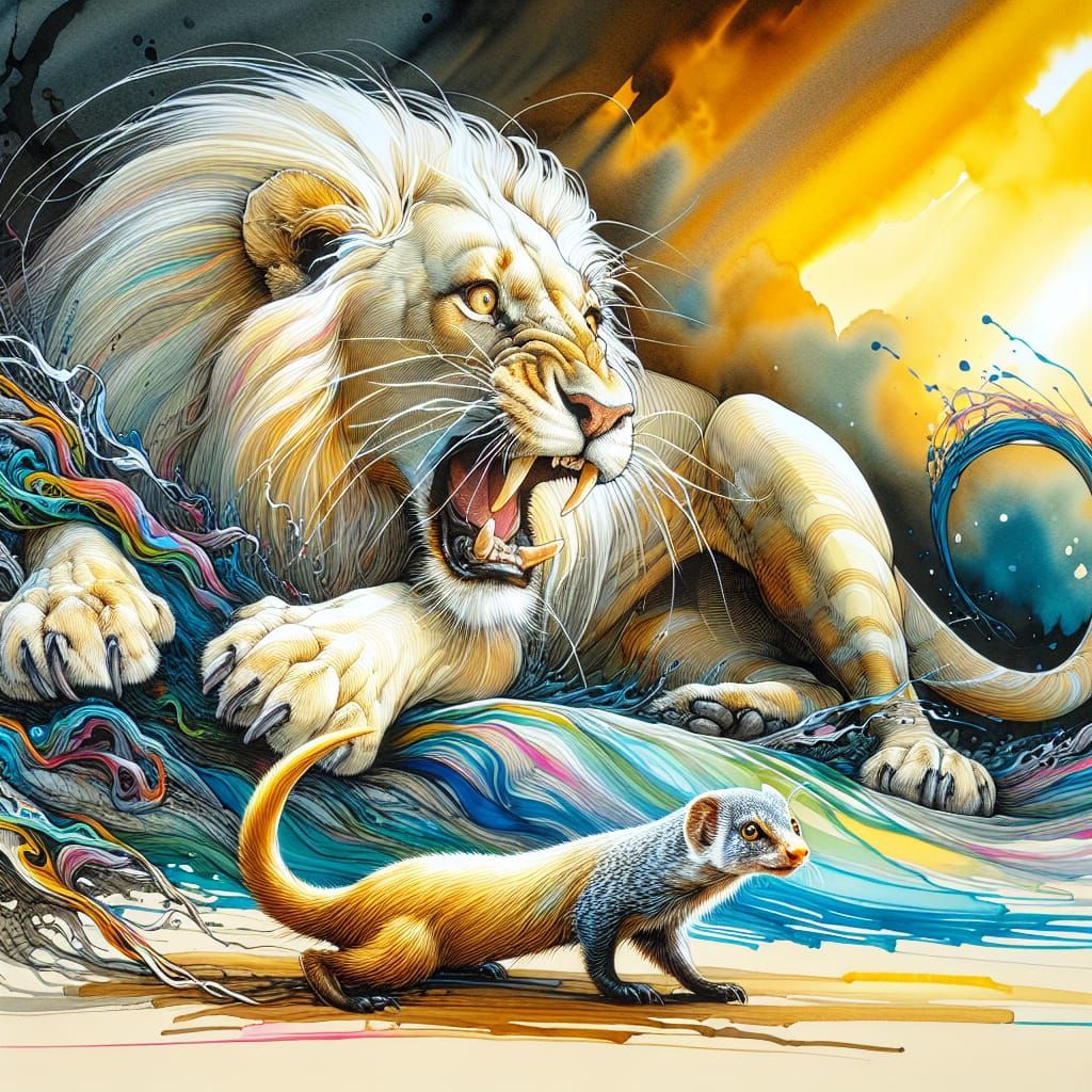 Lion Startled by Mongoose in Colorful Ink Flow
