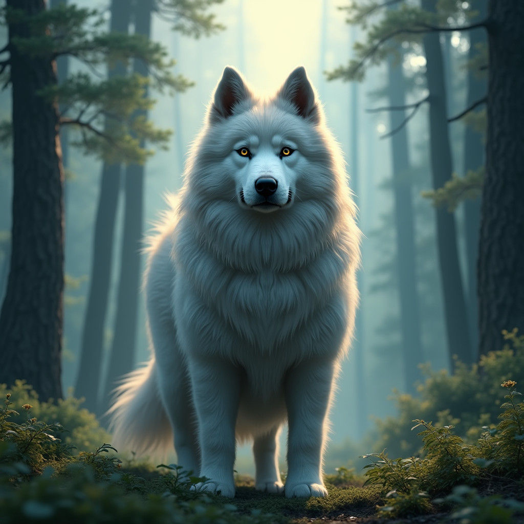 Majestic Samoyed Dog in Dreamlike Cypress Landscape