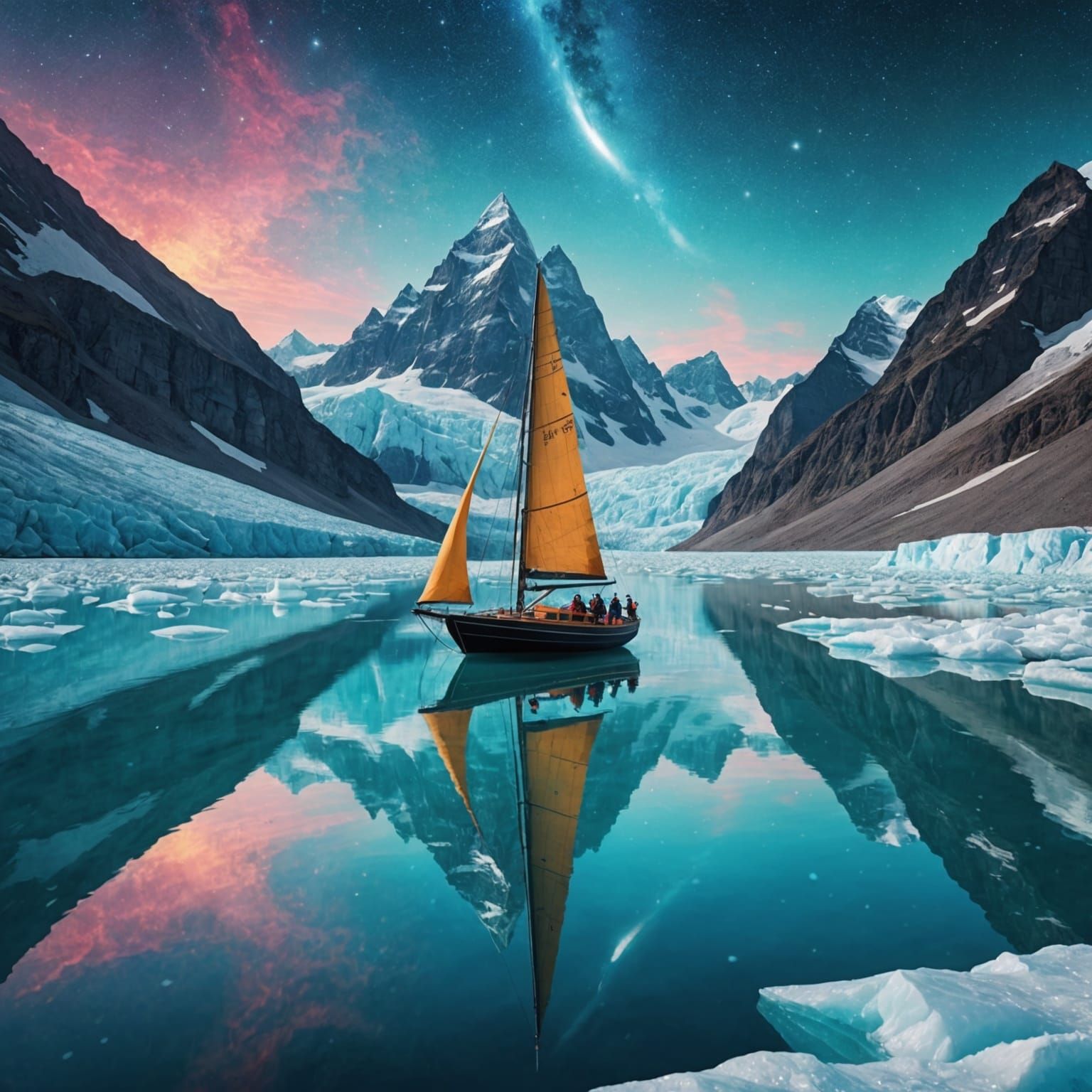 Sailboat on Glacier Lake: Holographic Astral Illustration