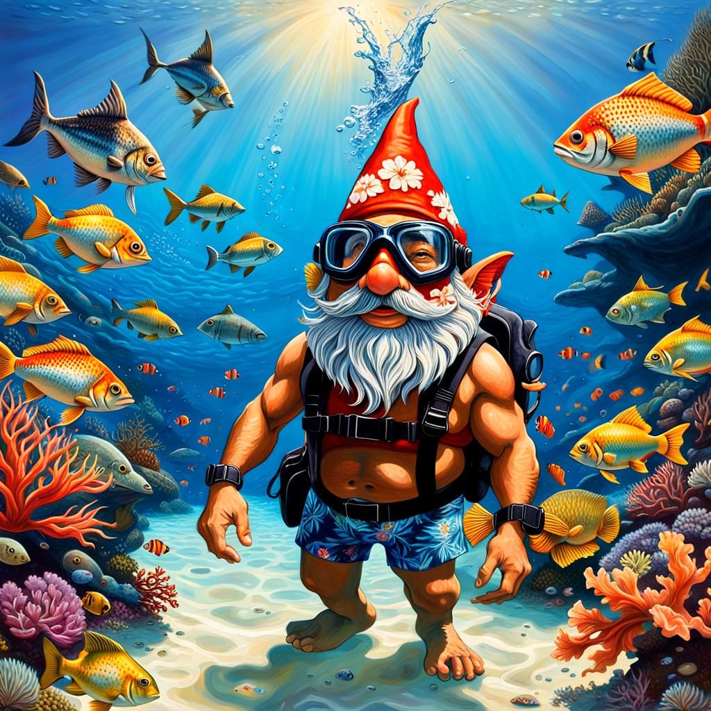 Aloha Gnome's Underwater Paradise: A Photorealistic Oil Pain...