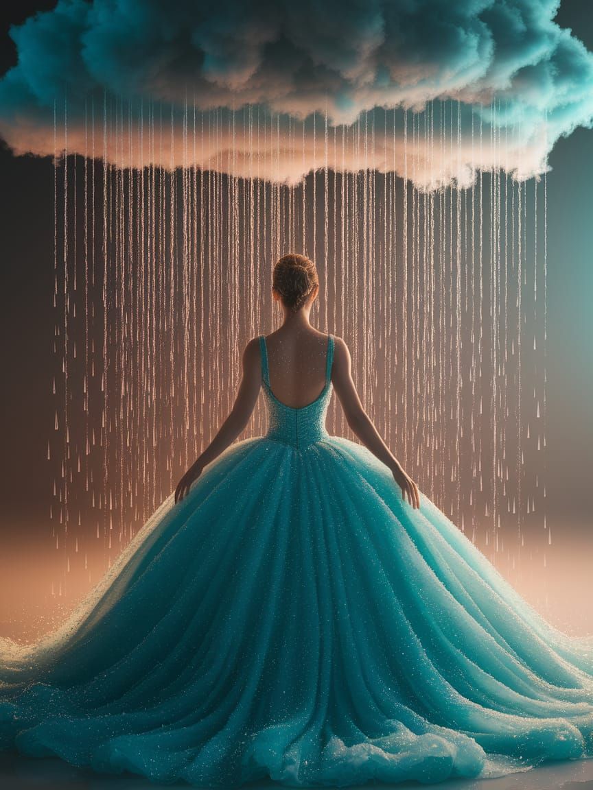 Ethereal Woman Under Raincloud in Digital Painting