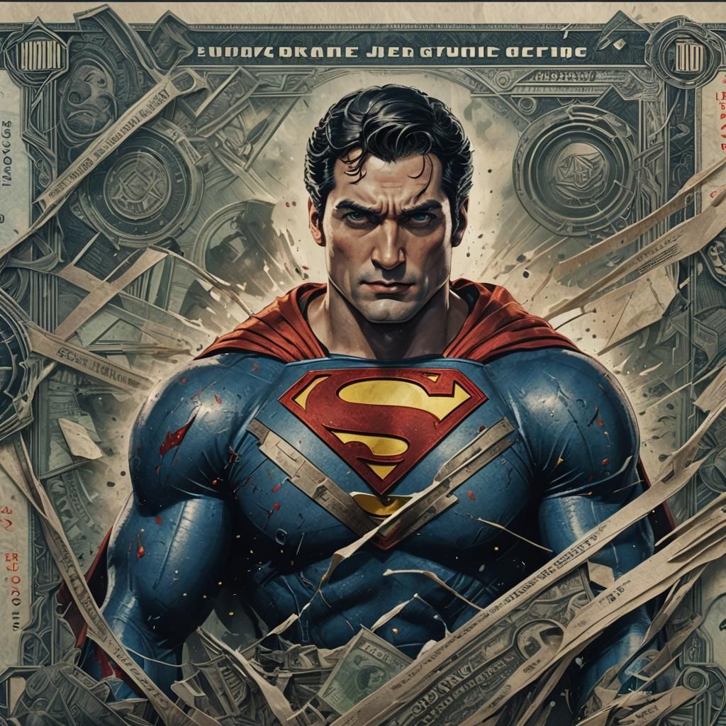 Superman Movie Poster Banknote in Detailed Matte Painting St...