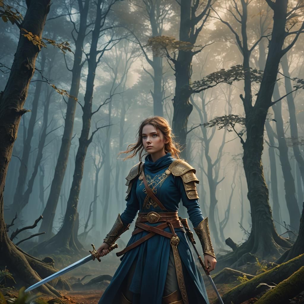 Fantasy Girl with Sword in Misty Forest