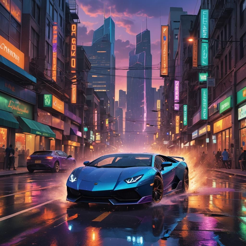 Blue Lamborghini in Futuristic Cityscape: Digital Art