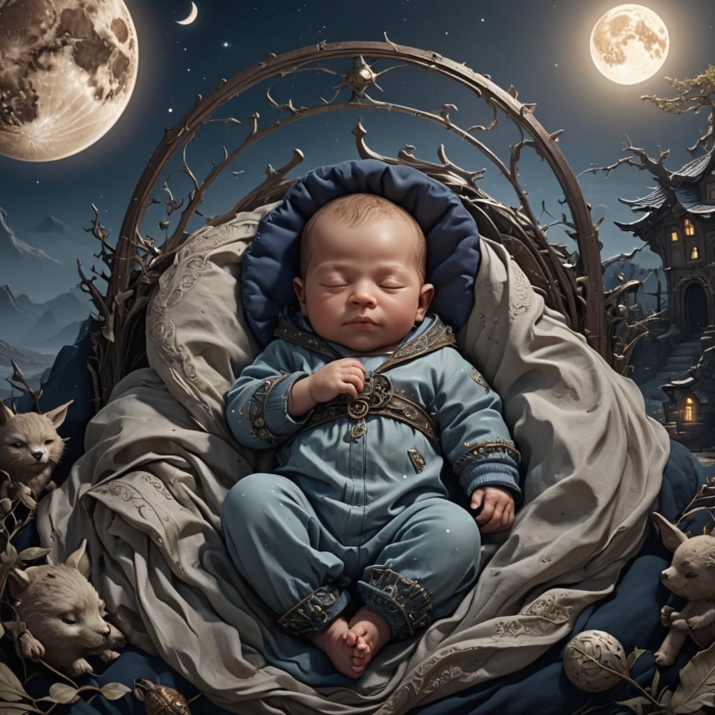 Sleeping baby boy in the moonlight