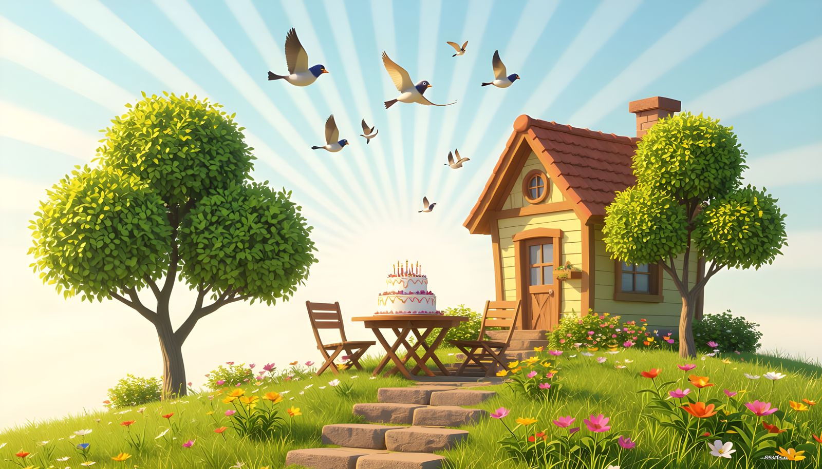 Whimsical House with Birthday Cake in Bright Sunlight