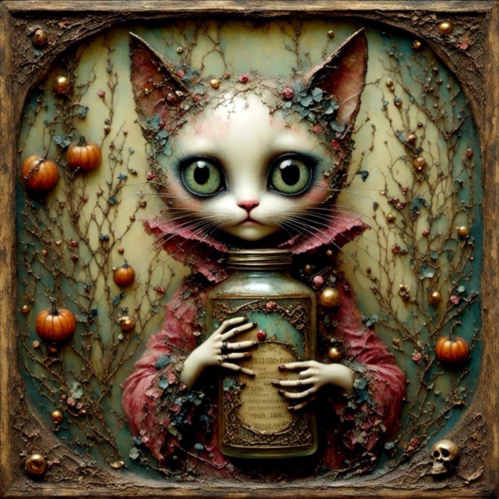 Creepy Vampire Cat Fairy with Poison Bottle