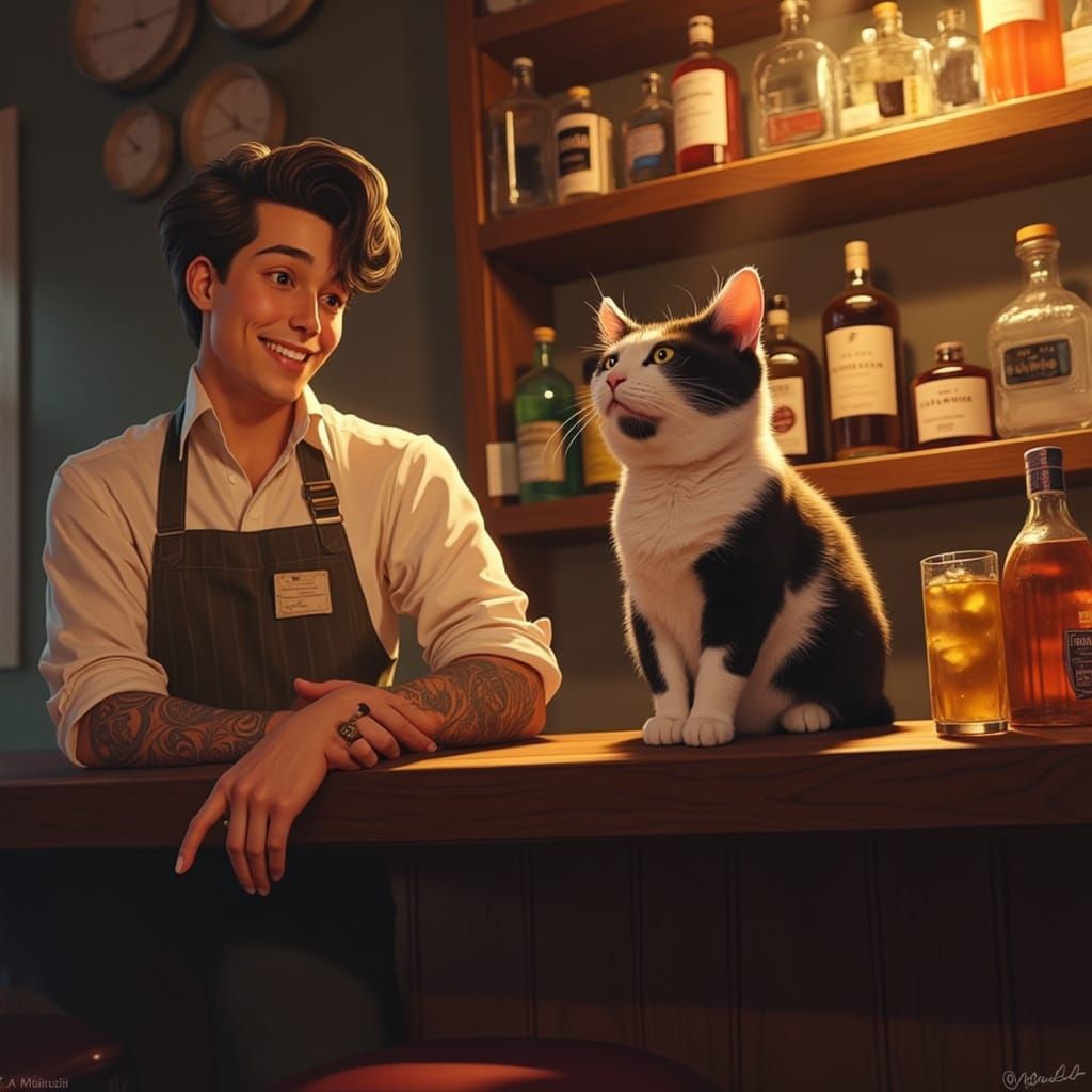Whimsical Bar Scene with Feline Friend