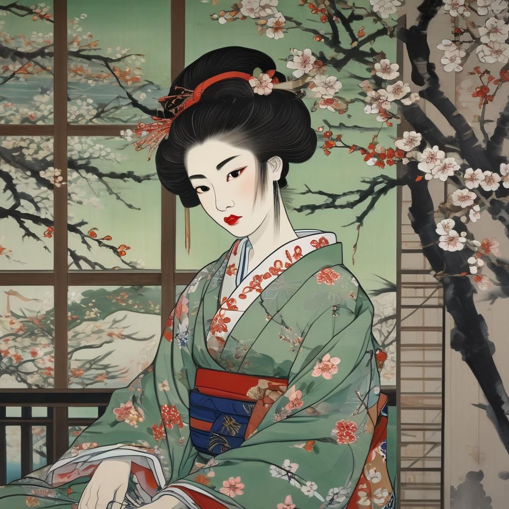 Japanese Woman in Kimono, Ukiyo-e Style