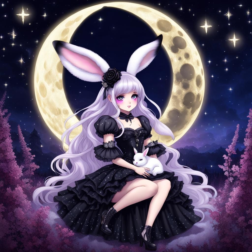 Moon Rabbit in Gothic Dress with Sparkling Moon
