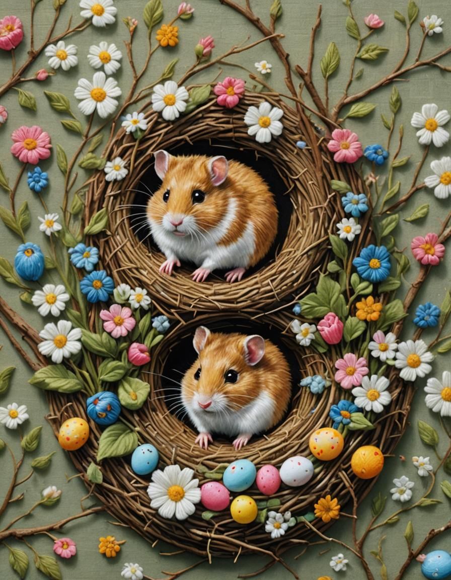 Folk Art Hamster Easter Scene in Oil Painting Style