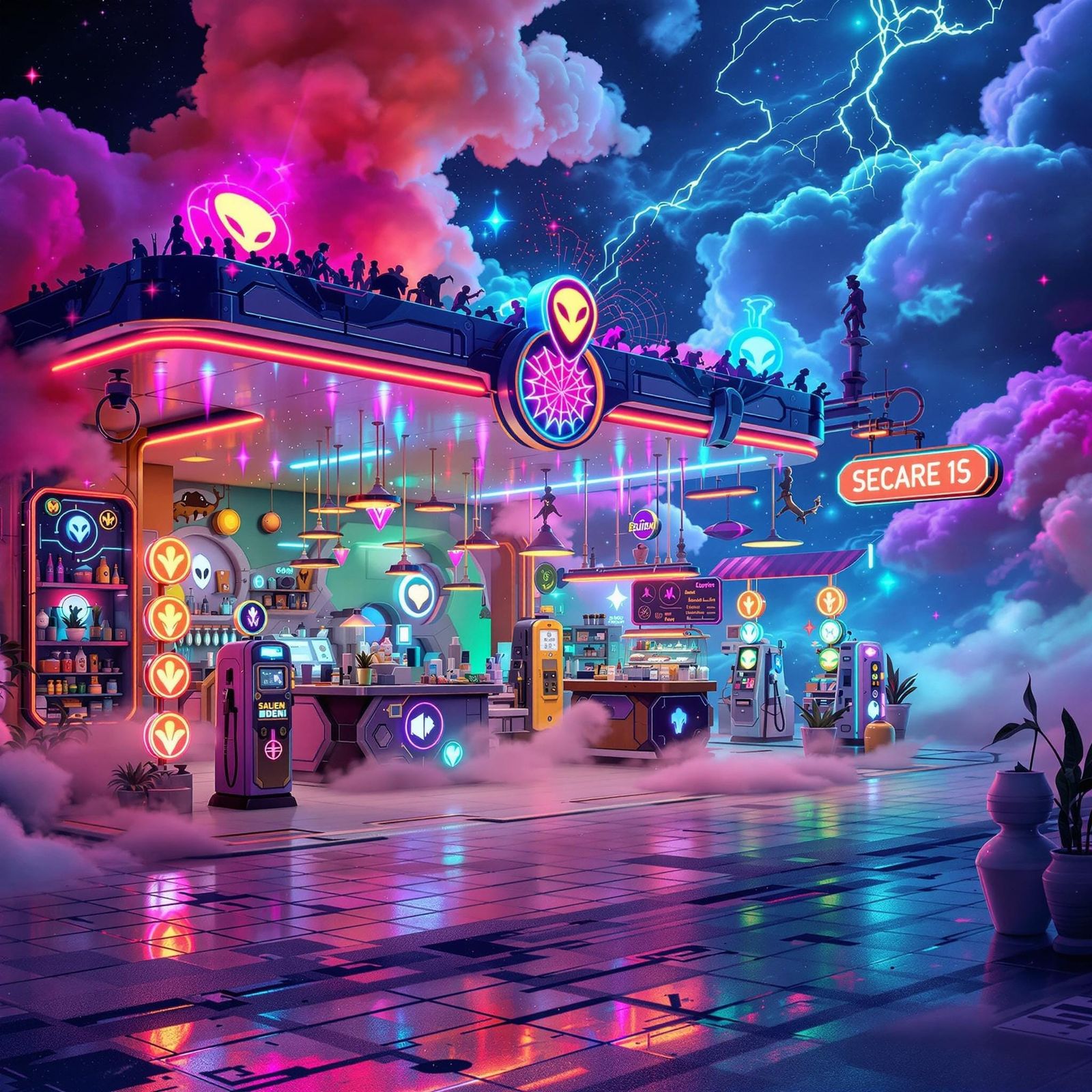 Futuristic Gas Station with Alien Soda Fountain