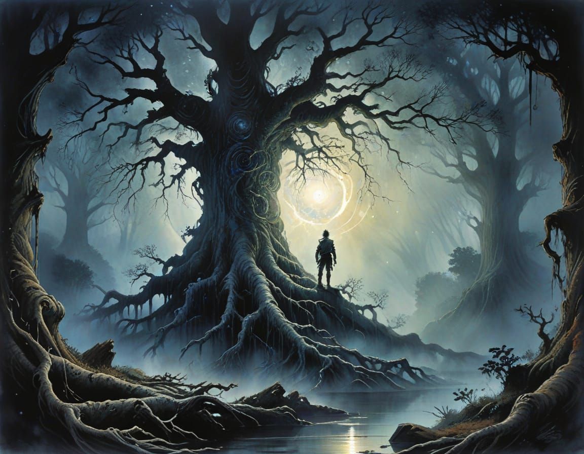 Mystical Tree Portal in Dark Fantasy Watercolor