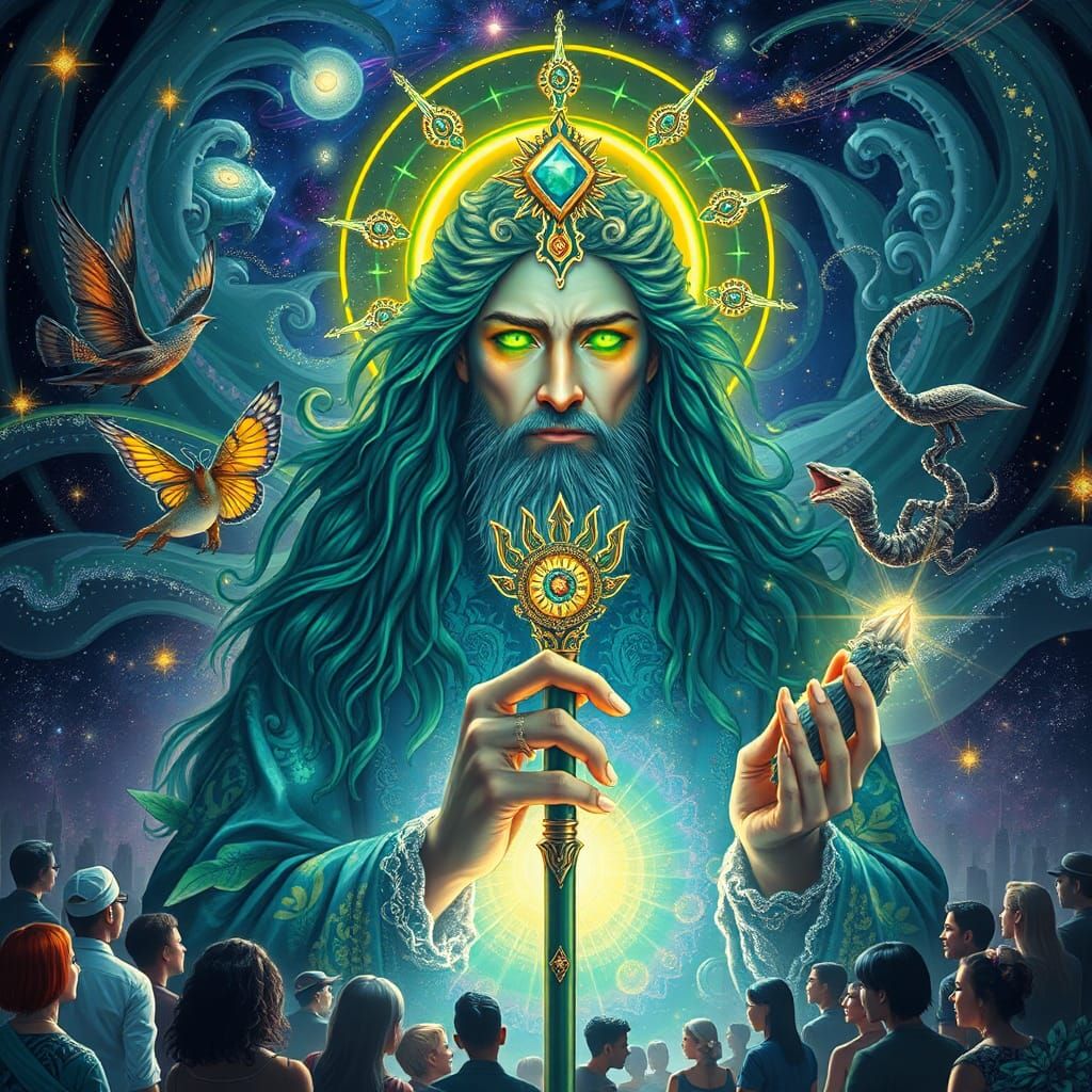 Celestial Shaman: Holographic Cosmic Illustration in 8k