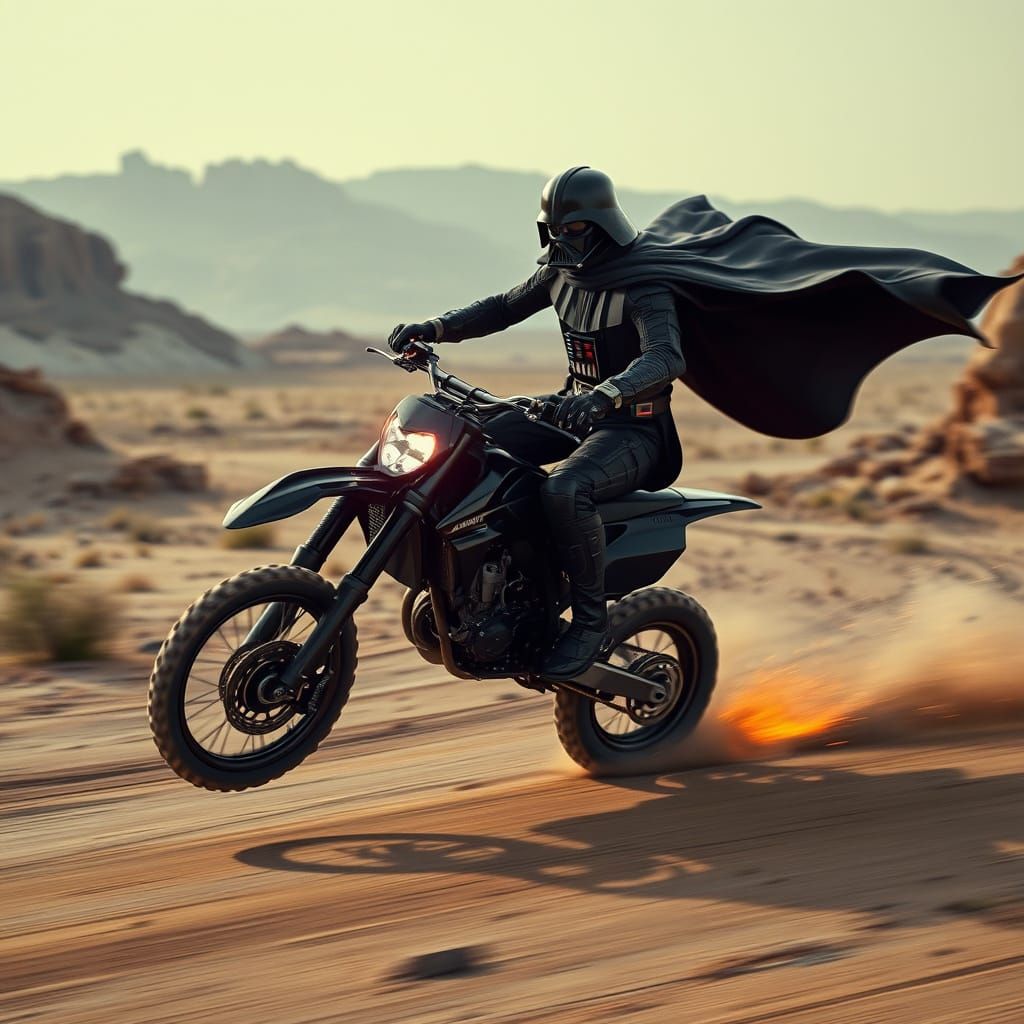 Darth Vader rides a dirt bike and uses the force to do backflips
