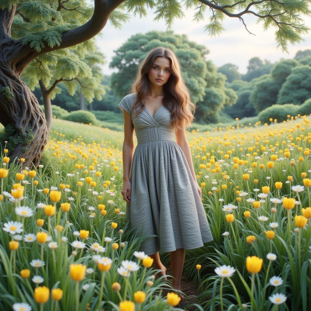 Silver Dress in Lush Meadow: Impressionist Art
