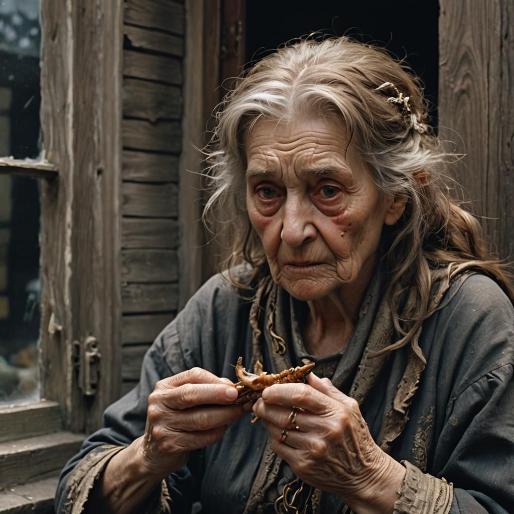 Elderly Woman Eating Fishbones: Impressionist Film Still