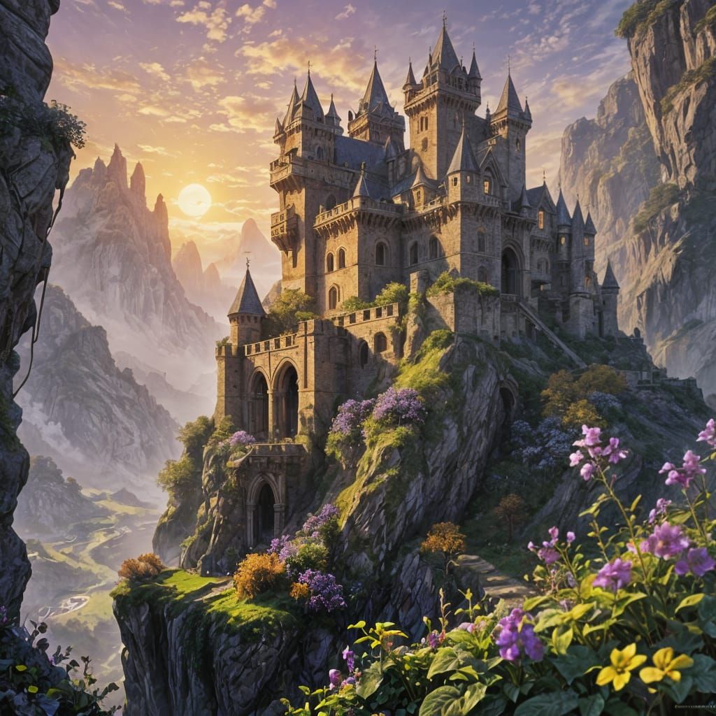 Cliffside Castle at Dawn: Dark Fantasy Concept Art