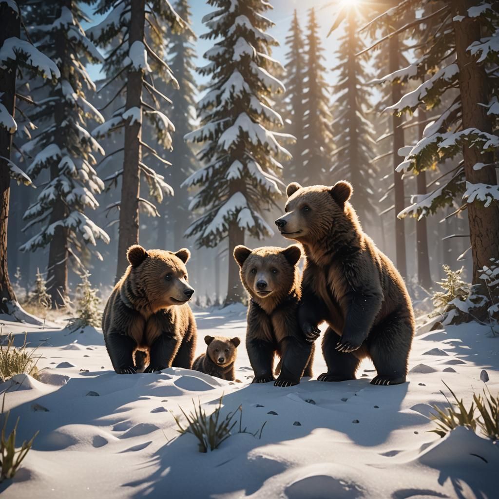 Bear Cubs Play in Snowy Field: Matte Painting
