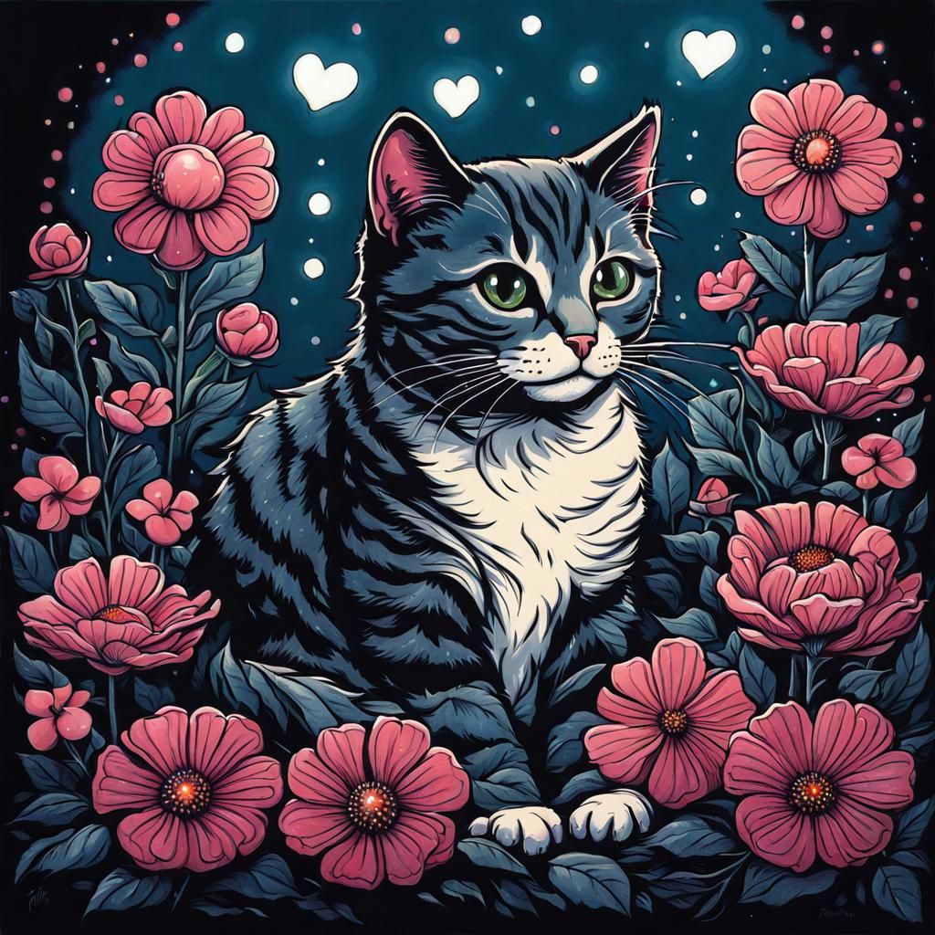Cute Cat Surrounded by Flowers in Doyle Style