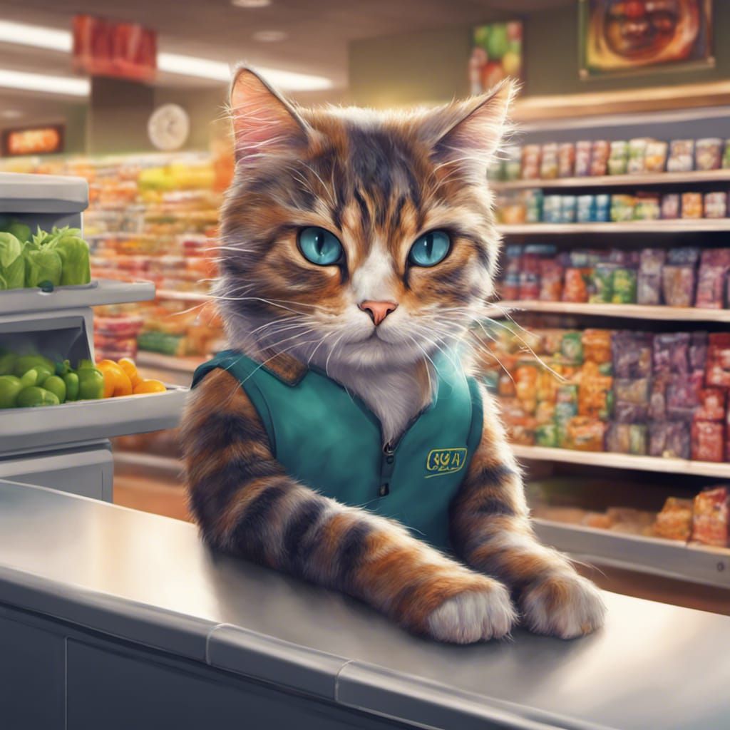 Hyperrealistic Cat-Human Cashier in Supermarket Concept Art